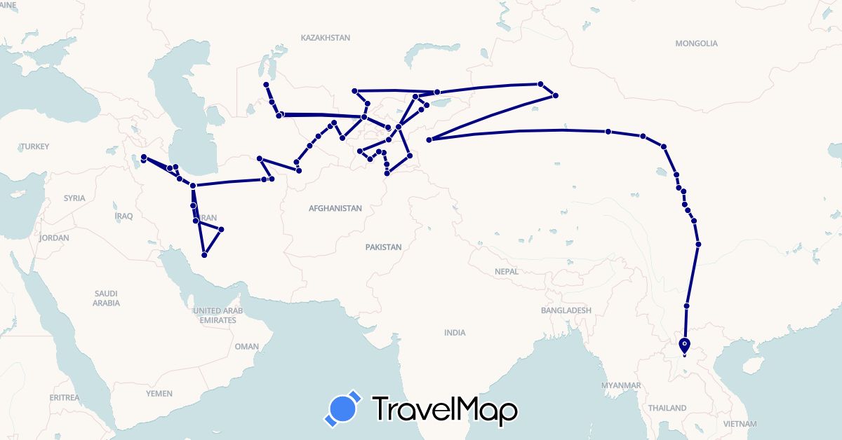 TravelMap itinerary: driving in China, Iran, Kyrgyzstan, Kazakhstan, Laos, Tajikistan, Turkmenistan, Uzbekistan (Asia)